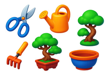 Set of garden tools and a potted plant