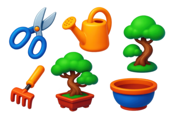 Set of garden tools and a potted plant