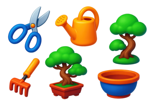 Set of garden tools and a potted plant