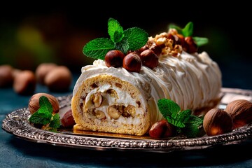 A beautiful rolled cake filled with cream and nuts rests on a silver platter, garnished with fresh mint leaves and whole hazelnuts. The scene has a rich, inviting atmosphere