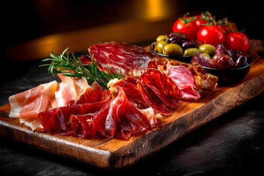 A beautifully arranged charcuterie board showcases slices of cured meats, olives, and fresh tomatoes. It is set against a dark background, enhancing the vibrant colors of the food