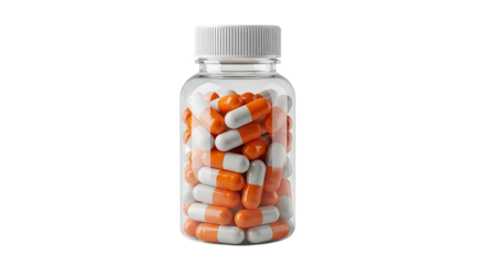Clear plastic bottle filled with orange and white capsules, cutout, PNG isolated on white or transparent background