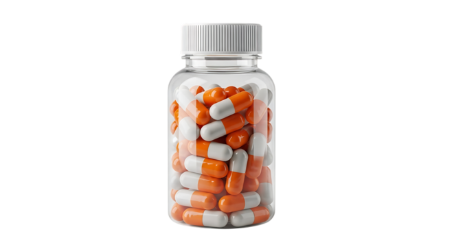 Clear plastic bottle filled with orange and white capsules, cutout, PNG isolated on white or transparent background