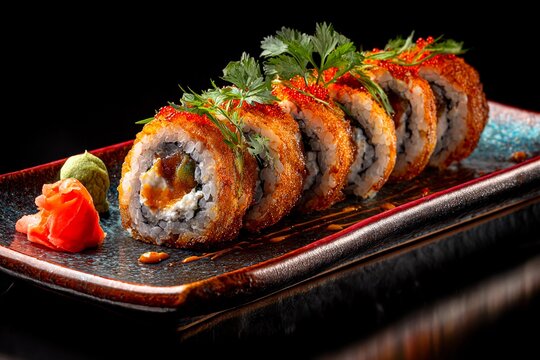 Delicious sushi rolls are beautifully arranged on a black plate. The rolls are crispy, topped with fresh herbs, accompanied by wasabi and pickled ginger for a delightful presentation