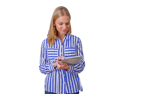 Woman holding tablet, looking down, interacting with modern technology for business, standing on transparent background