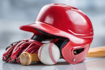 Close-up of essential baseball equipment including a red helmet, ball, and bat, ready for play.