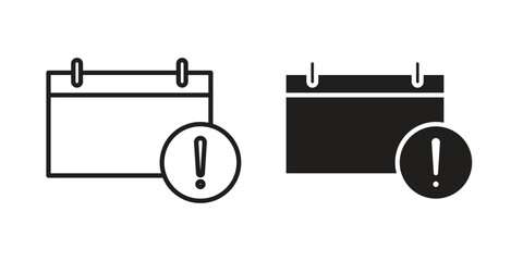 Calendar exclamation icons in outline, flat style. Vector EPS