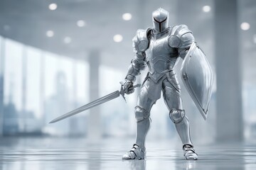 Silver armored knight, sword, shield, in bright, modern, minimalist interior.