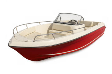 Red and white motorboat isolated on transparent background, offering recreational boating and water transport