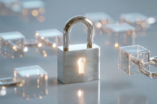 Luminous padlock and interconnected blockchain cubes, symbolizing secure data.