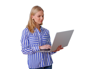 Blonde woman typing on laptop, standing and working, a casual professional using technology, transparent background