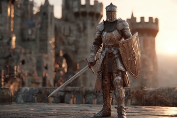 Naklejka premium A formidable medieval knight in full battle armor holding sword and shield.