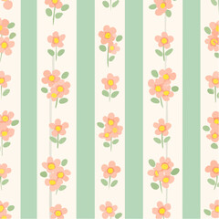 Obraz premium pastel stripe posy: vertical beige and sage bands, five-petal pink florals, vintage cottage ribbon repeat