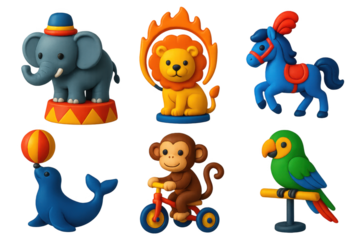 Group of animal figurines, including a monkey, elephant, lion, and horse