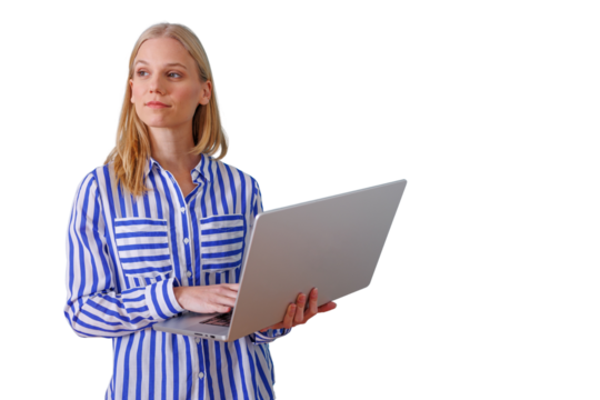 Blonde businesswoman in a blue striped shirt holding a laptop, working or studying with a thoughtful expression on transparent background - Powered by Adobe