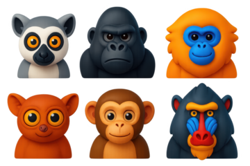 Group of cartoon animals with different faces, including a monkey, a gorilla