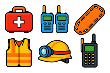 Set of icons for emergency services, including a first aid kit, a flashlight