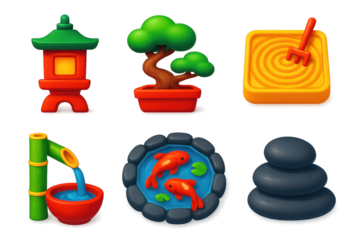 Set of icons for a game or app that includes a fish, a rock, a bowl, a tree