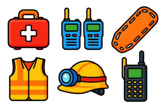 Set of icons for emergency services, including a first aid kit, a flashlight
