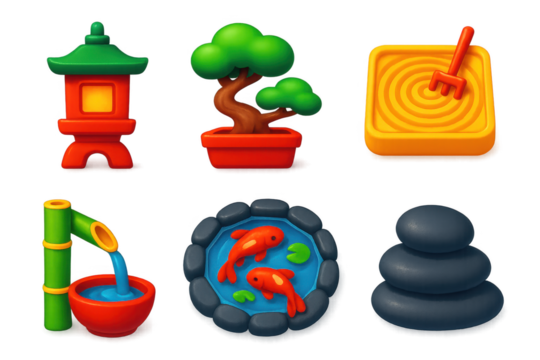 Set of icons for a game or app that includes a fish, a rock, a bowl, a tree