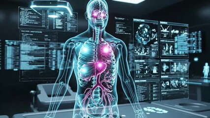 A transparent human body with glowing blue and pink diagnostic imaging of internal organs, standing in front of a futuristic medical workstation with various screens displaying medical data. Perfect - Powered by Adobe