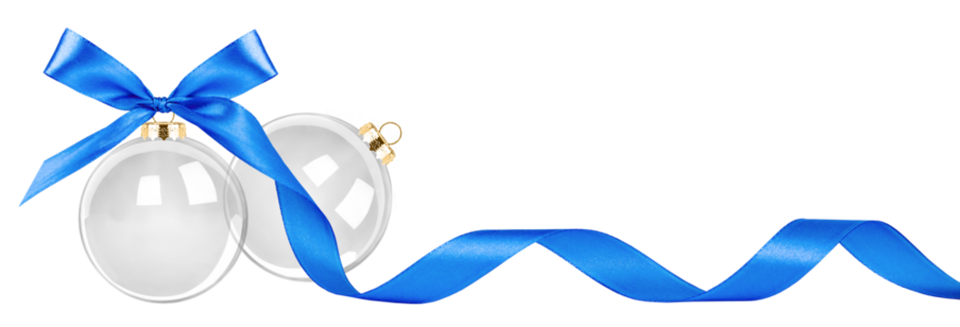 Two transparent Christmas decorations with blue ribbon and bow isolated  - Powered by Adobe