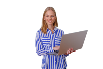 Professional woman standing, smiling and working on a laptop, managing tasks with a positive demeanor, transparent background