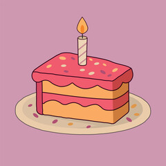illustration of a piece of birthday cake with a candle. strawberry flavor for a children's party, vibrant colors. cartoon style. pink, purple, yellow, beige vector