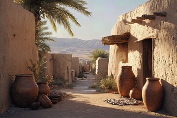 Quiet traditional lane with adobe walls, palm fronds and clay vessels; warm daylight and soft dust create a timeless feel.