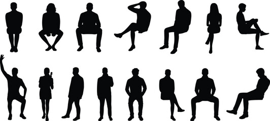 Silhouettes of seated and standing people, relaxed poses, gesture reference, black vector figures, posture study, animation, design resource