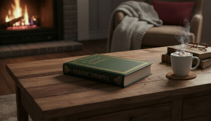 A cozy living  room with a chair, a warm blanket, a cup of hot chocolate with marshmallows, and a book of classic stories. A restful and comfortable environment.