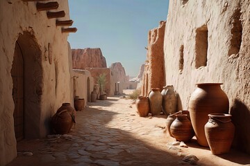 Quiet traditional lane with adobe walls, palm fronds and clay vessels; warm daylight and soft dust create a timeless feel.