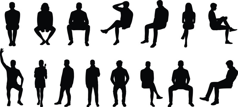 Silhouettes of seated and standing people, relaxed poses, gesture reference, black vector figures, posture study, animation, design resource