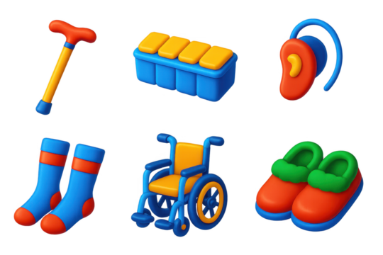 Set of six colorful objects, including a cane, a wheelchair