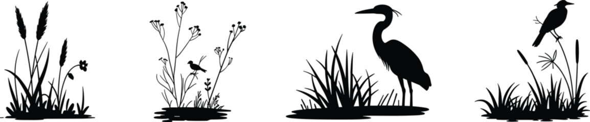 Silhouettes of birds and plants in natural settings, wetland and grassland wildlife illustration for nature, biodiversity and habitat themes