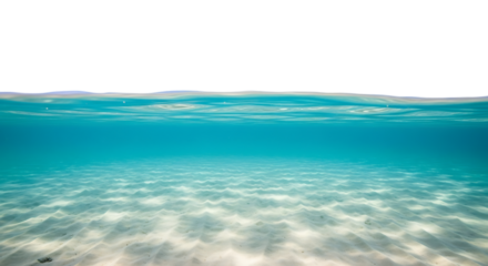Underwater view of clear turquoise ocean water with sandy seabed and rippling surface, cutout, PNG isolated on white or transparent background