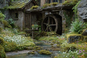 Detailed scene of a mossy watermill beside a clear stream, surrounded by dense greenery and blooming wildflowers.