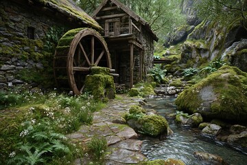 Detailed scene of a mossy watermill beside a clear stream, surrounded by dense greenery and blooming wildflowers.