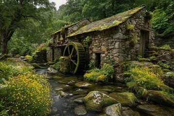 Detailed scene of a mossy watermill beside a clear stream, surrounded by dense greenery and blooming wildflowers.