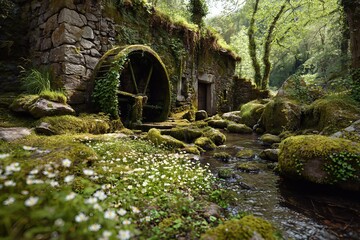 Detailed scene of a mossy watermill beside a clear stream, surrounded by dense greenery and blooming wildflowers.