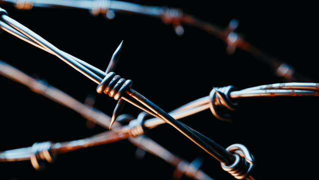 Close-up of sharp barbed wire on a dark background, concept of danger and restriction. 3d rendering - Powered by Adobe