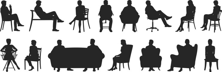 Seated silhouette set, people on chairs and couches, various postures, black vector illustration, furniture icon, human figure, white background