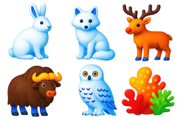 Naklejka premium Set of six animal icons, including a rabbit, a deer, a bear, a cow, a bird