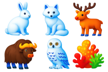 Set of six animal icons, including a rabbit, a deer, a bear, a cow, a bird