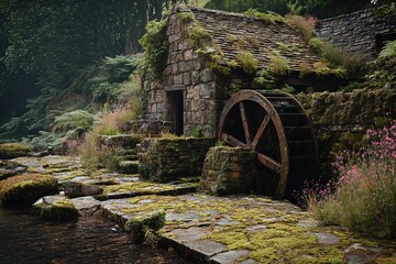 Detailed scene of a mossy watermill beside a clear stream, surrounded by dense greenery and blooming wildflowers.
