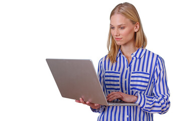 Woman working remotely with laptop, focusing on screen for business productivity and online communication