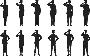 Saluting silhouette figures, military posture icons, black vector set, formal gesture graphics, discipline symbols, uniformed people, respect illustration pack