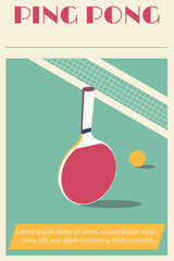 Upright table tennis racket, table tennis ball, ping pong text, tournament, retro, poster, text field