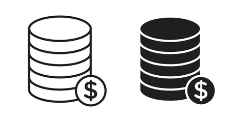 Coins icons in outline, flat style. Vector EPS