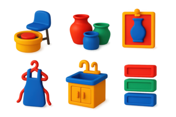 Set of six colorful plastic toys, including a chair, a vase, a sink, a toilet